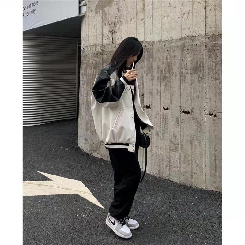 Áo khoác Bomber Da phối màu trắng đen Dáng rộng Unnisex , Áo bomber da bóng phối tay đen siêu xinh M46