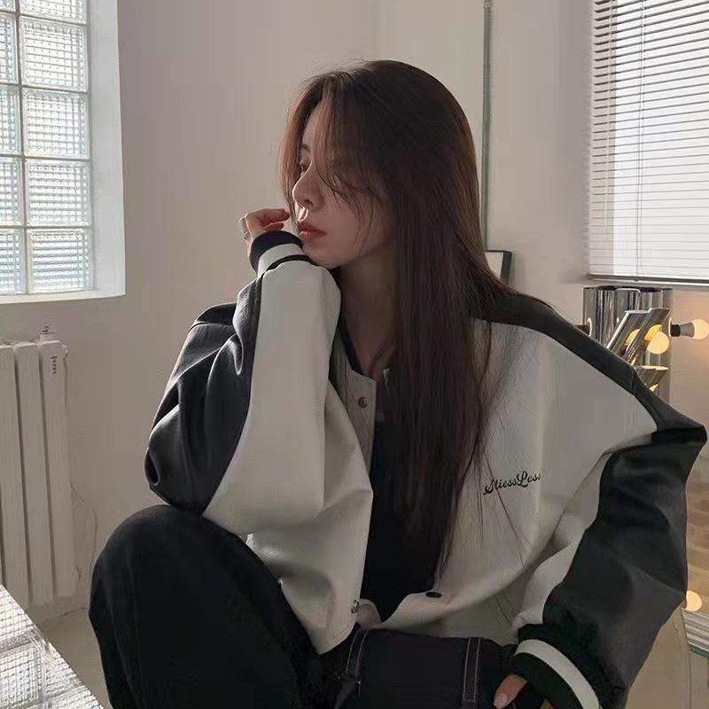 Áo khoác Bomber Da phối màu trắng đen Dáng rộng Unnisex , Áo bomber da bóng phối tay đen siêu xinh M46