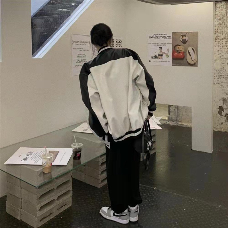 Áo khoác Bomber Da phối màu trắng đen Dáng rộng Unnisex , Áo bomber da bóng phối tay đen siêu xinh M46