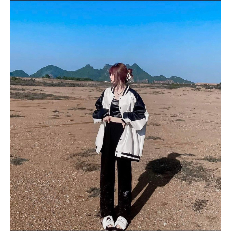 Áo khoác Bomber Da phối màu trắng đen Dáng rộng Unnisex , Áo bomber da bóng phối tay đen siêu xinh M46