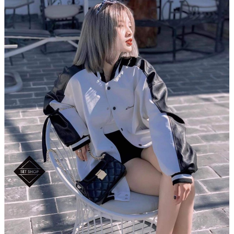 Áo khoác Bomber Da phối màu trắng đen Dáng rộng Unnisex , Áo bomber da bóng phối tay đen siêu xinh M46