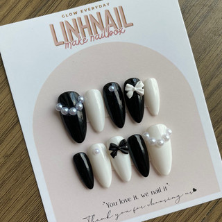 L009 Nailbox thiết kế màu đen trắng đính nơ ngọc trai