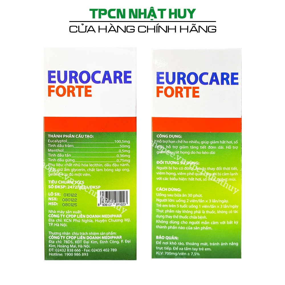 Viên uống EUROCARE FORTE tinh dầu thảo dược hỗ trợ giảm ho, đờm - 100 viên