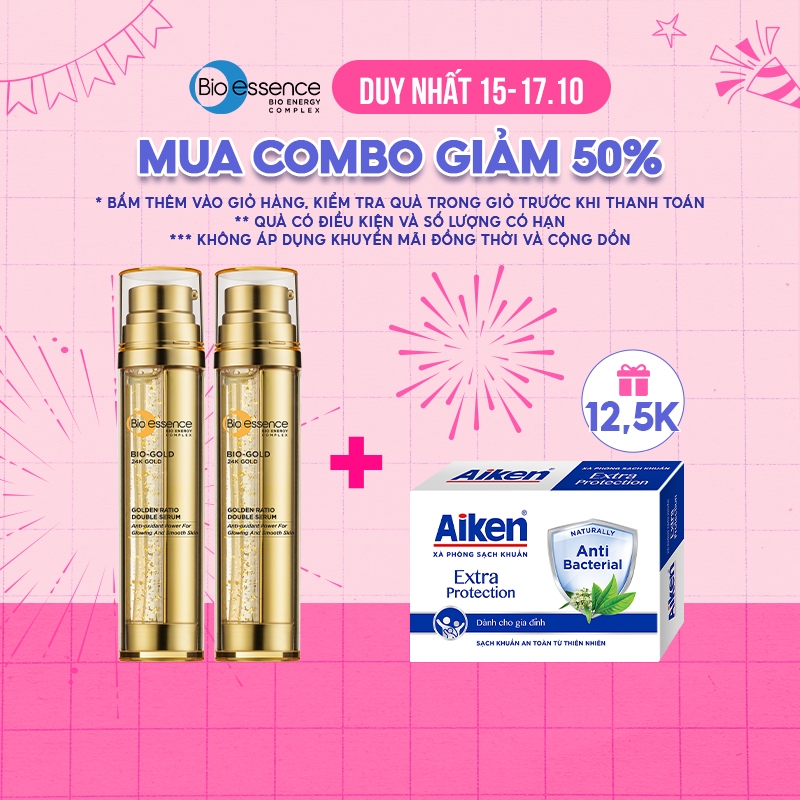 Combo 2 Tinh chất tái tạo phục hồi & ngăn ngừa lão hóa Bio-essence Bio-Gold Double Serum vàng 24K & trà xanh cô đặc 36g