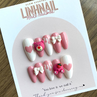 L007 Nailbox móng úp thiết kế màu hồng đính gấu dâu hồng dễ thuơng