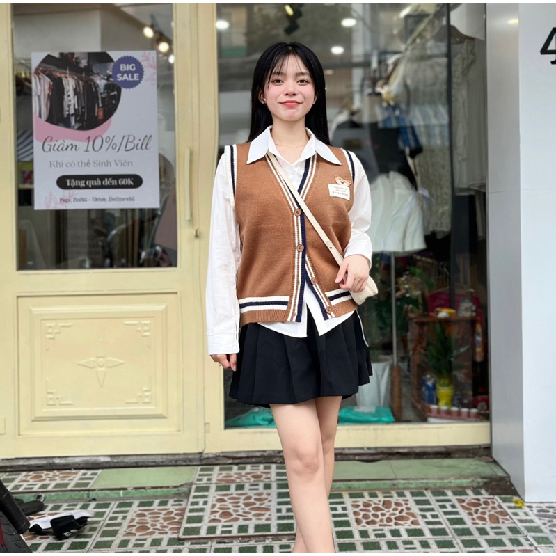 Áo sơ mi phối gile thêu gấu phong cách Hàn Quốc Zinistore