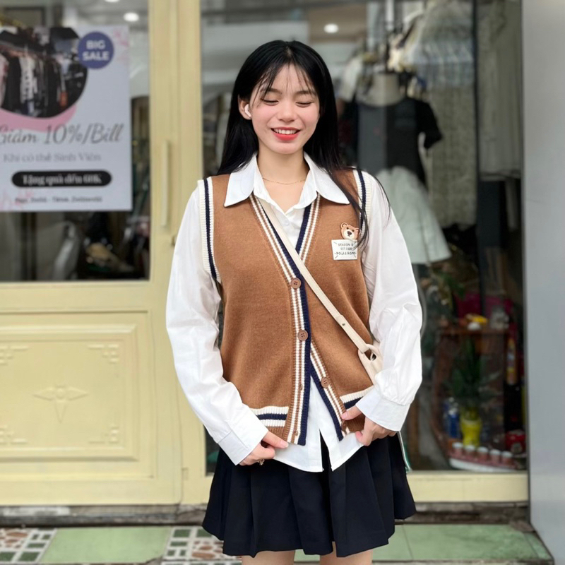 Áo sơ mi phối gile thêu gấu phong cách Hàn Quốc Zinistore