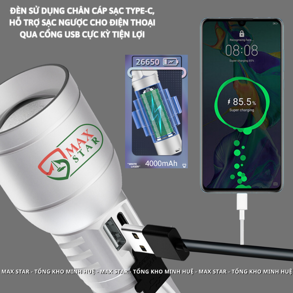 Đèn pin siêu sáng ZOOM xa gần MAX STAR MS42 công suất 30W soi xa 700m dung lượng pin 4000mAh