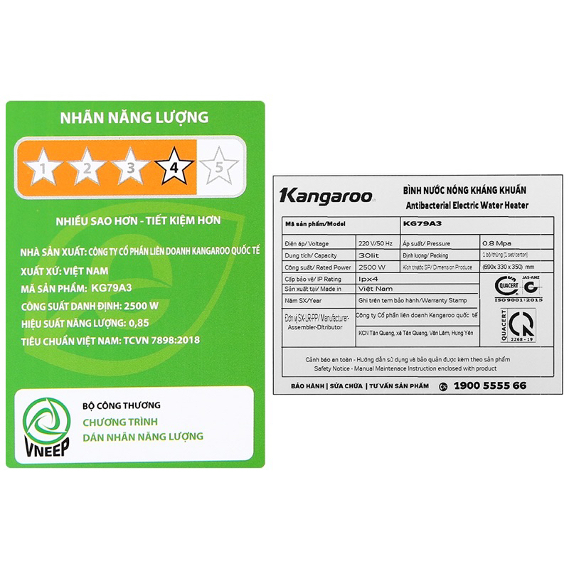 Máy nước nóng gián tiếp , bình nước nóng lạnh Kangaroo 30 lít 2500W KG79A3