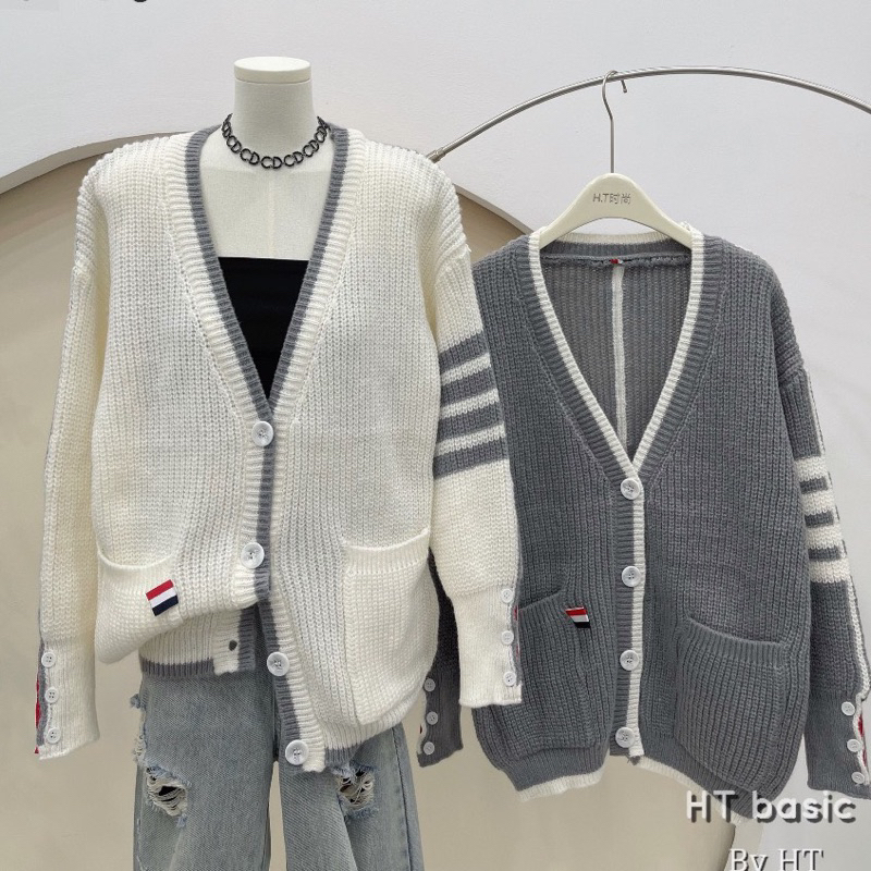 Áo khoác len Canigan Kẻ ngang phối viền cúc hàng QC Phong các Ulzzang Hàn Quốc Siêu xinh mẫu mới thu đông