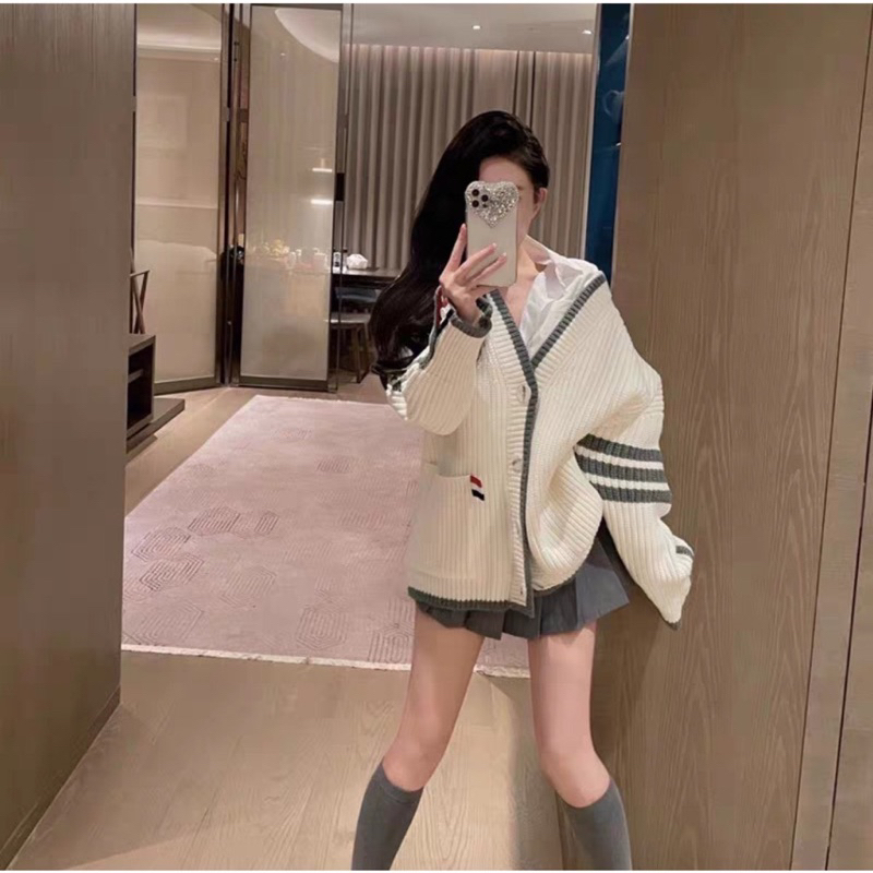 Áo khoác len Canigan Kẻ ngang phối viền cúc hàng QC Phong các Ulzzang Hàn Quốc Siêu xinh mẫu mới thu đông