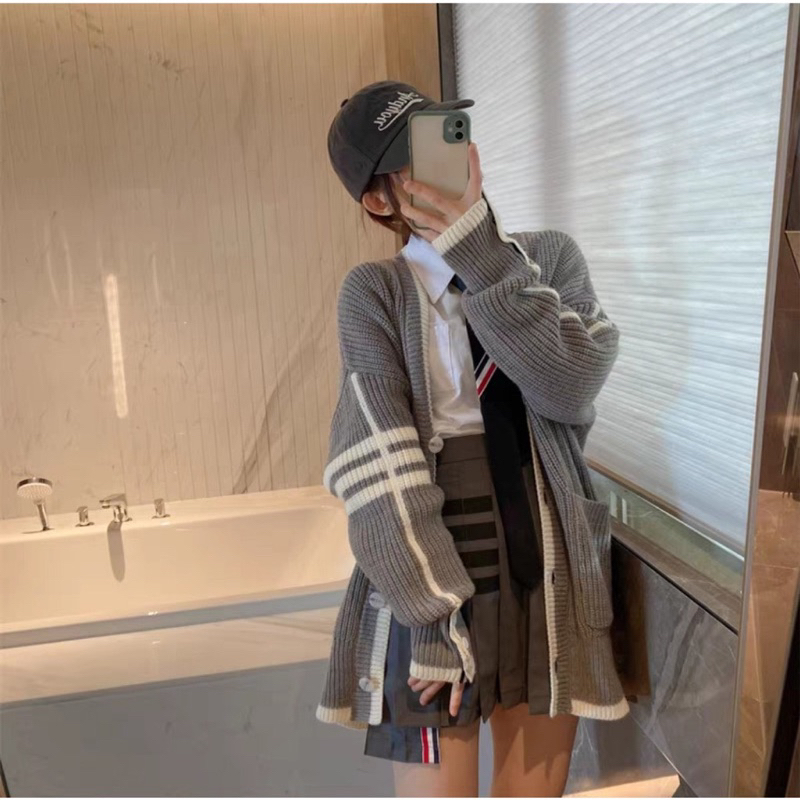 Áo khoác len Canigan Kẻ ngang phối viền cúc hàng QC Phong các Ulzzang Hàn Quốc Siêu xinh mẫu mới thu đông