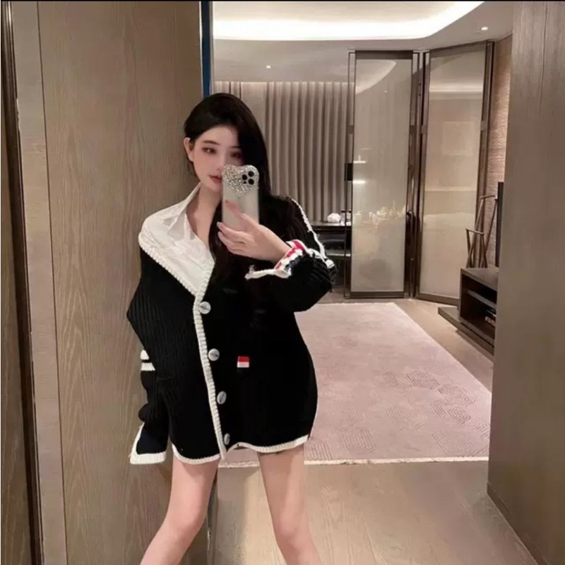 Áo khoác len Canigan Kẻ ngang phối viền cúc hàng QC Phong các Ulzzang Hàn Quốc Siêu xinh mẫu mới thu đông