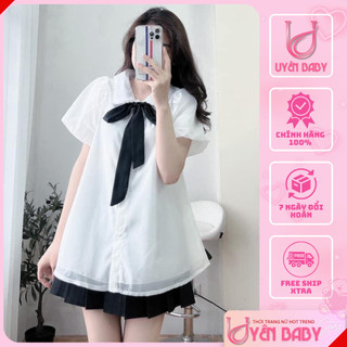 Áo sơ mi cổ ren kèm nơ - Áo babydoll tơ 2 lớp, cổ viền ren kèm nơ - Uyên Baby Shop