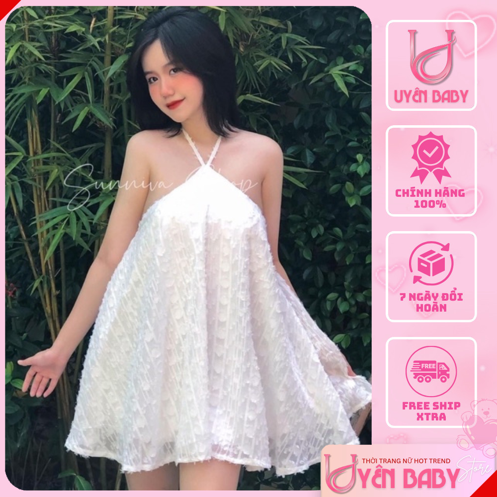 Váy cổ yếm trễ vai lông vũ cao cấp cực xinh - Đầm xoè cổ yếm lông vũ hở lưng hai kiều nữ 2 lớp babydoll - Uyên Baby Shop