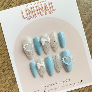 L029 Nailbox móng úp thiết kế màu xanh nhũ cát đính trái tim