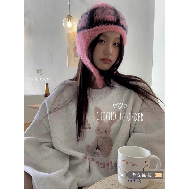 Áo sweater dáng rộng dành cho nữ mùa thu Hàn Quốc màu xám dài tay hoạt hình thỏ