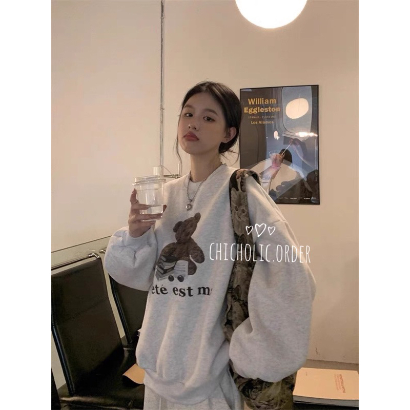 Áo sweater dáng rộng dành cho nữ mùa thu Hàn Quốc màu xám dài tay hoạt hình thỏ