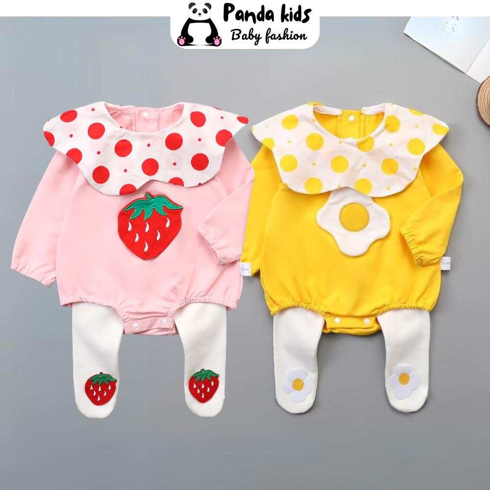 Bodysuit Tay Dài Kèm Quần Tất Siêu Xinh Cho Bé, Body Chip Liền Thân Bé Gái Họa Tiết Trứng Dâu Dễ Thương