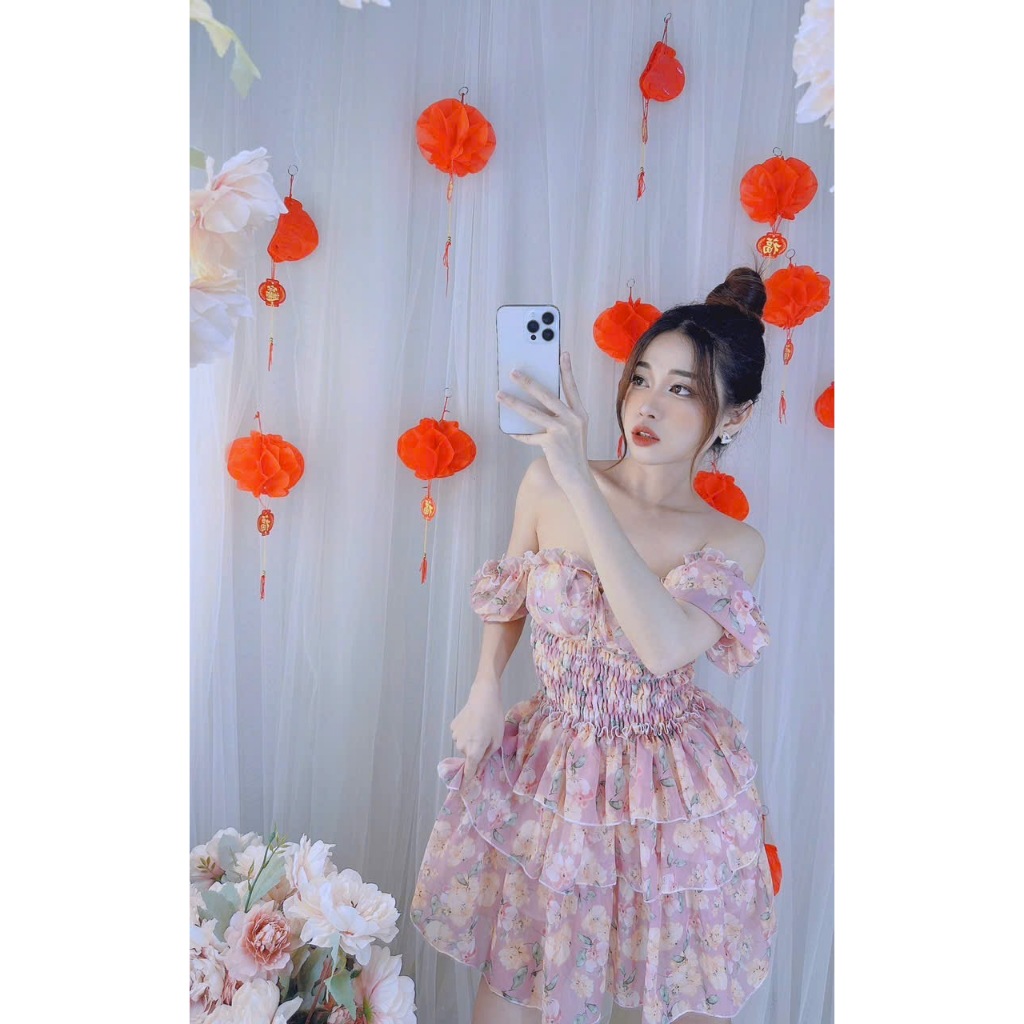 Đầm Hoa Thắt Dây Tay Phồng Cúp Bèo Ngực Nhún Eo Váy Tầng, Đầm Tơ Voan Cúp Ngực Bo Chun Eo Tay Cánh Tiên Dáng Xoè