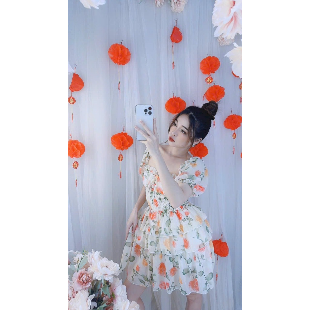 Đầm Hoa Thắt Dây Tay Phồng Cúp Bèo Ngực Nhún Eo Váy Tầng, Đầm Tơ Voan Cúp Ngực Bo Chun Eo Tay Cánh Tiên Dáng Xoè