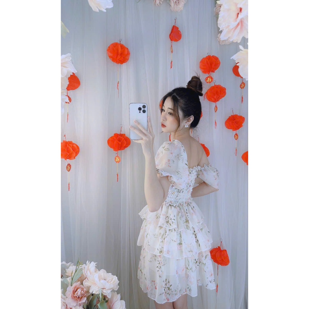 Đầm Hoa Thắt Dây Tay Phồng Cúp Bèo Ngực Nhún Eo Váy Tầng, Đầm Tơ Voan Cúp Ngực Bo Chun Eo Tay Cánh Tiên Dáng Xoè