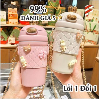 Bình giữ nhiệt cute hình tai thỏ 500ml,inox 304 có kèm túi da cao cấp, bình giữ nhiệt có ống hút. có kèm dây đeo,guc