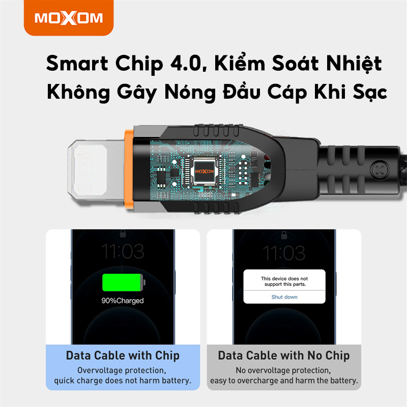 Dây sạc nhanh 3A chuyên dùng cho 7 8 plus x xs max 11 12 13 14 pro max siêu bền MOXOM CB87