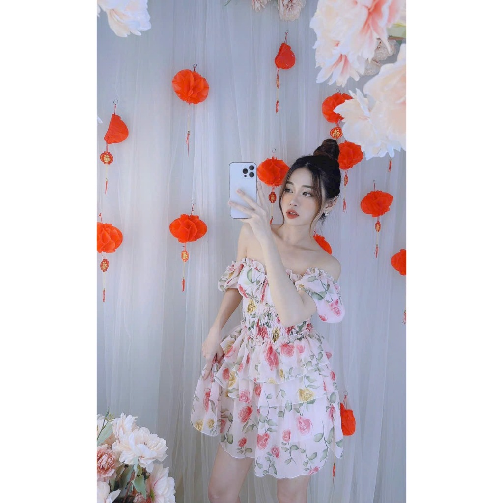 Đầm Hoa Thắt Dây Tay Phồng Cúp Bèo Ngực Nhún Eo Váy Tầng, Đầm Tơ Voan Cúp Ngực Bo Chun Eo Tay Cánh Tiên Dáng Xoè