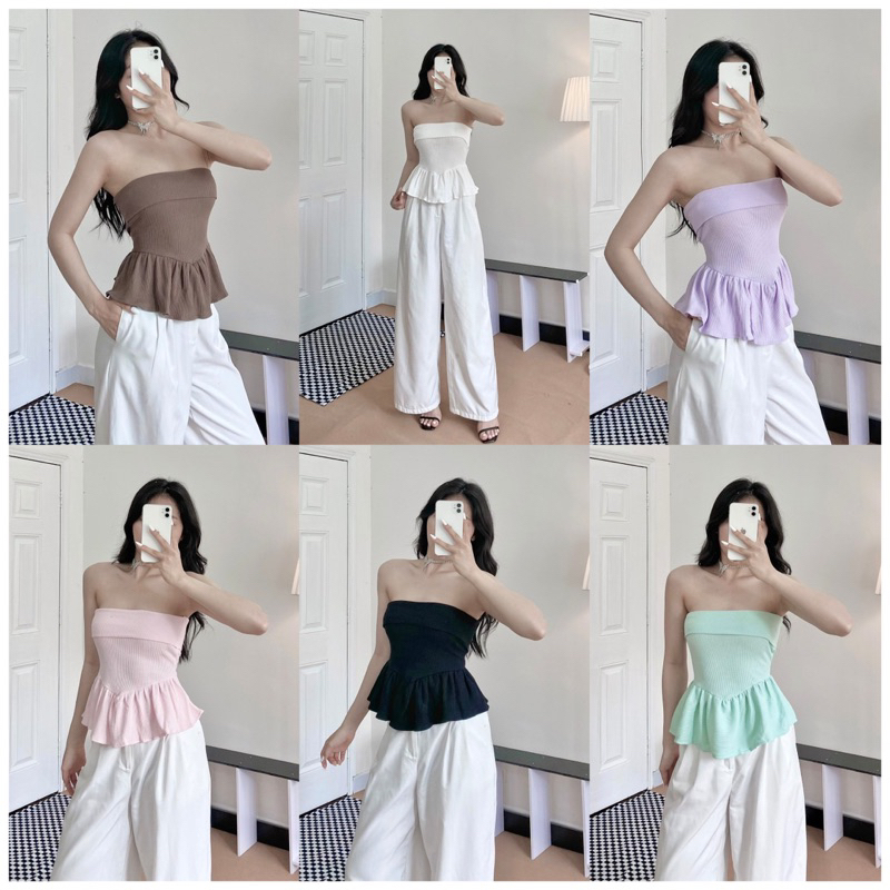 PIGGYHOUSE- Áo Quây Bèo Nhún Tone Màu Basic Xinh Xắn  Ôm gọn