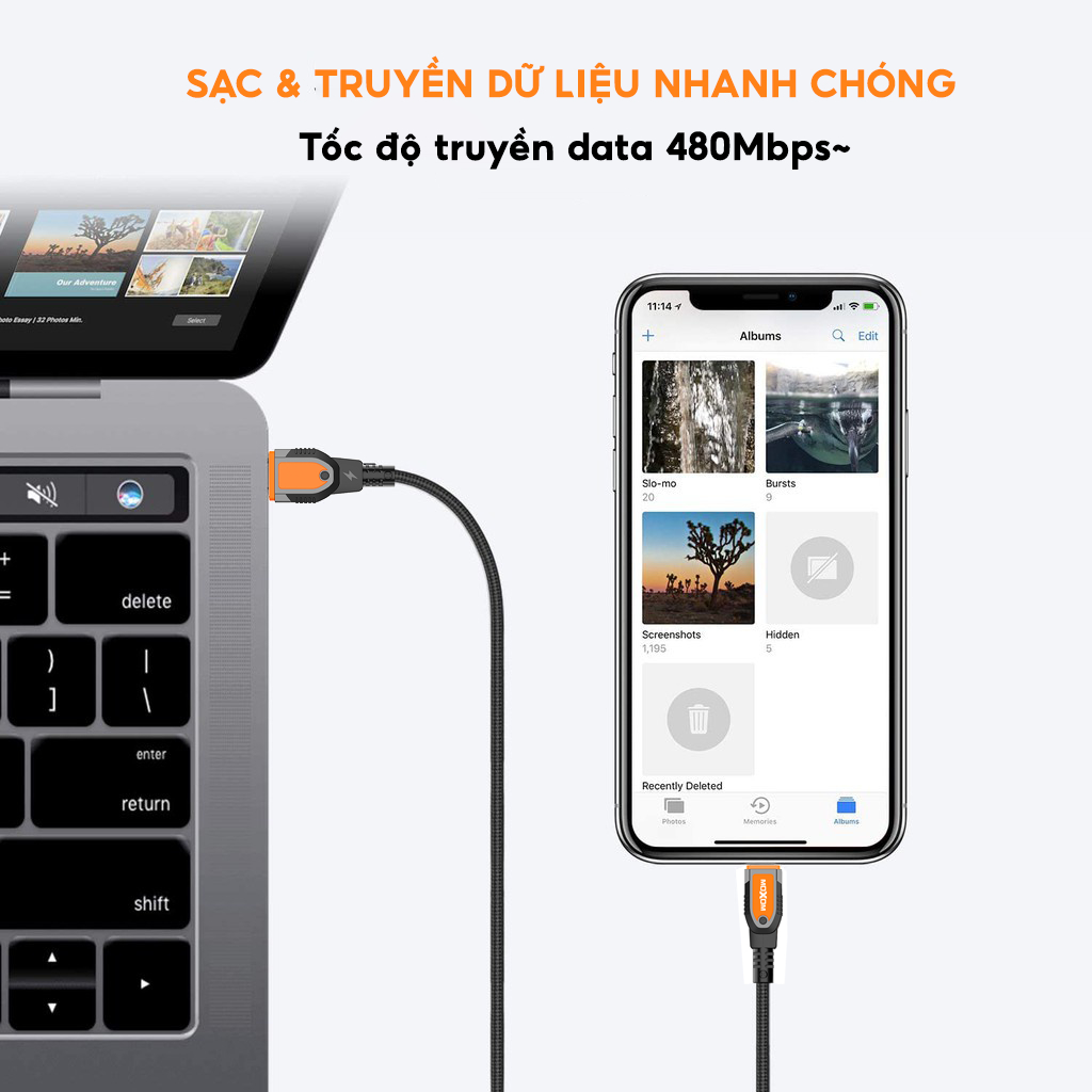 Dây sạc nhanh 3A chuyên dùng cho 7 8 plus x xs max 11 12 13 14 pro max siêu bền MOXOM CB87