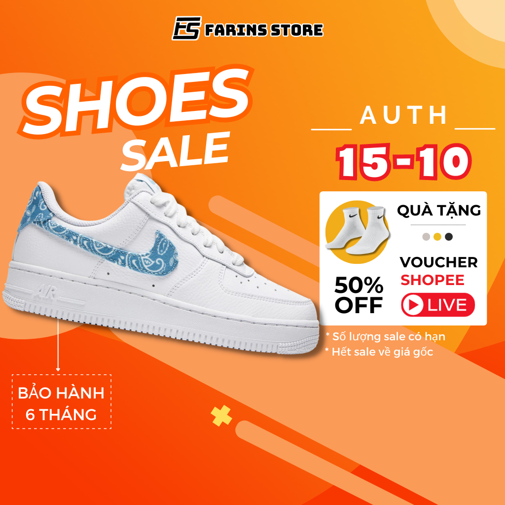 Giày Air Force 1 07 Essentials Blue Paisley Auth Cho Nam Nữ, Jordan 1 Low Real Fullbox Farins Store