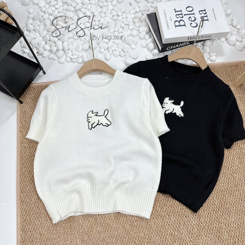 Áo len cộc tay thêu cún trắng cute - form nhỏ