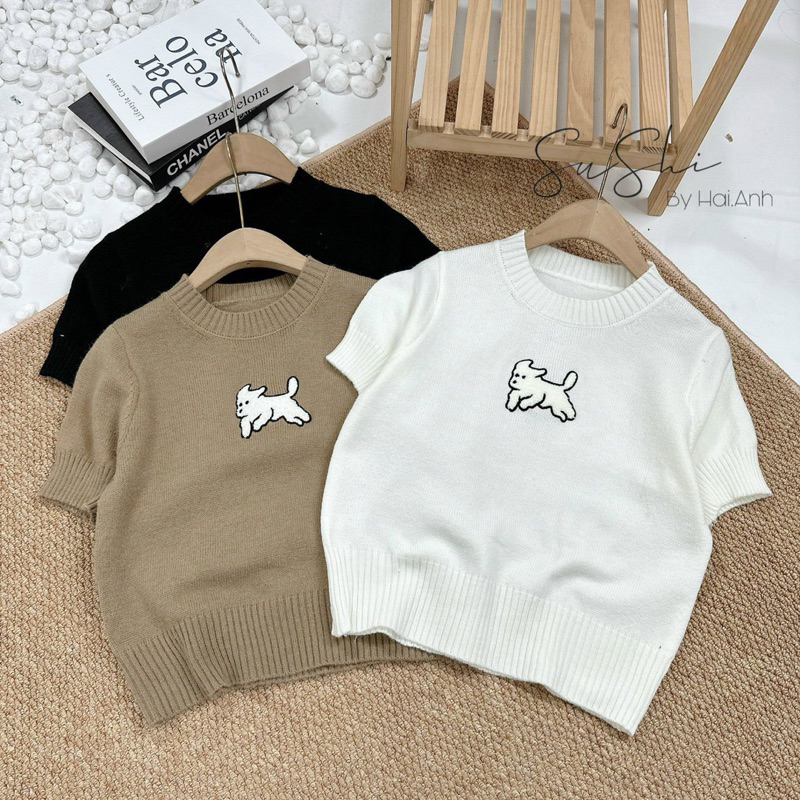 Áo len cộc tay thêu cún trắng cute - form nhỏ