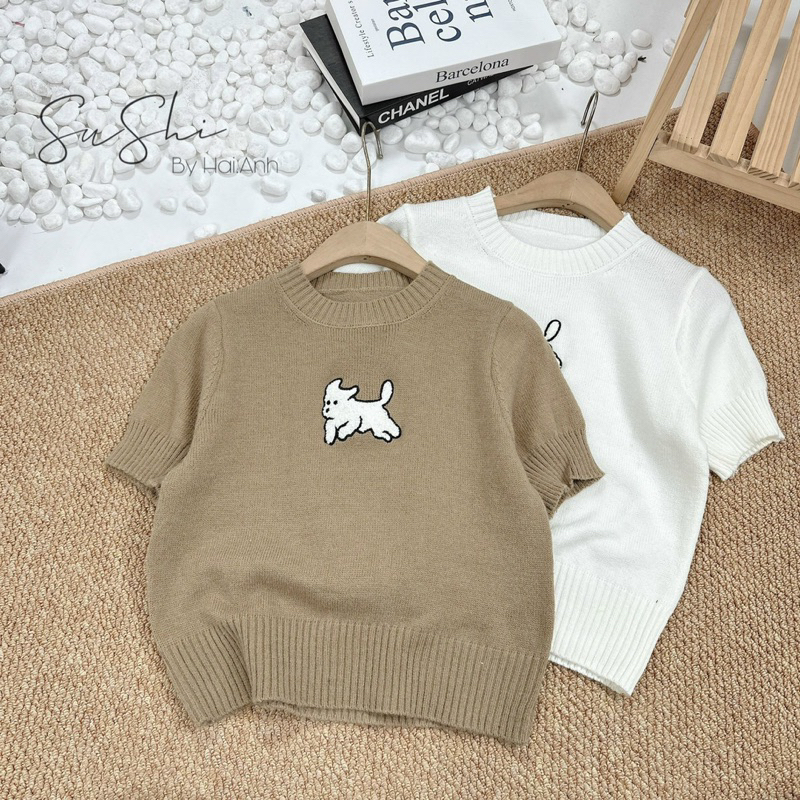 Áo len cộc tay thêu cún trắng cute - form nhỏ