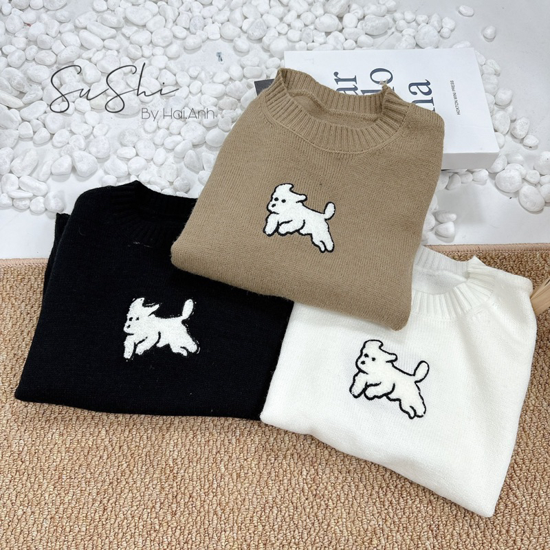 Áo len cộc tay thêu cún trắng cute - form nhỏ
