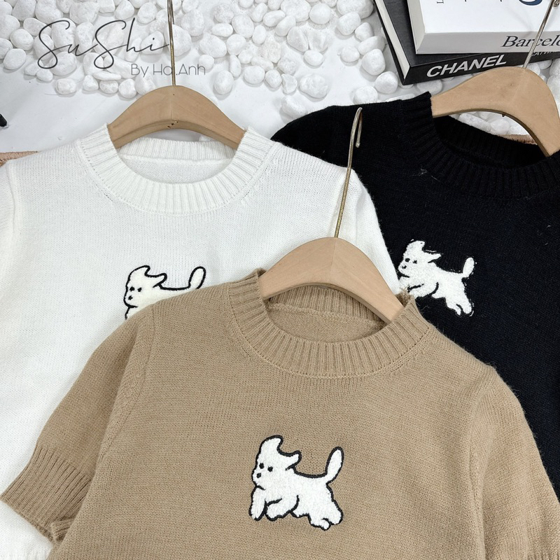 Áo len cộc tay thêu cún trắng cute - form nhỏ