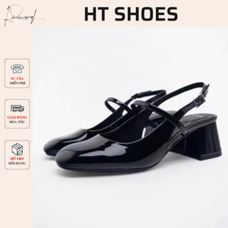 Giày sandal nữ cao gót ZR đen bóng mũi tròn đế trụ cao 5cm phong cách tiểu thư thanh lịch dễ phối đồ fullbox 7745-1