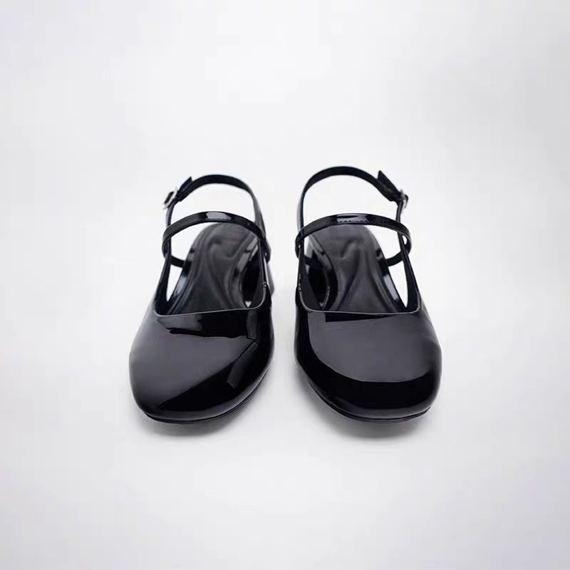 Giày sandal nữ cao gót ZR đen bóng mũi tròn đế trụ cao 5cm phong cách tiểu thư thanh lịch dễ phối đồ fullbox 2023