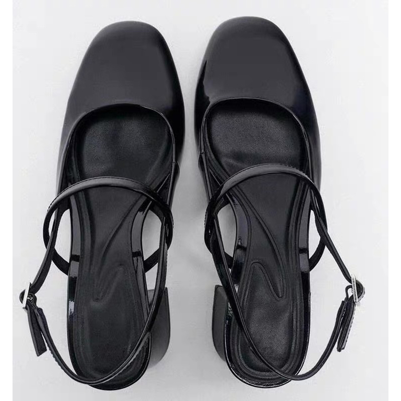 Giày sandal nữ cao gót ZR đen bóng mũi tròn đế trụ cao 5cm phong cách tiểu thư thanh lịch dễ phối đồ fullbox 2023