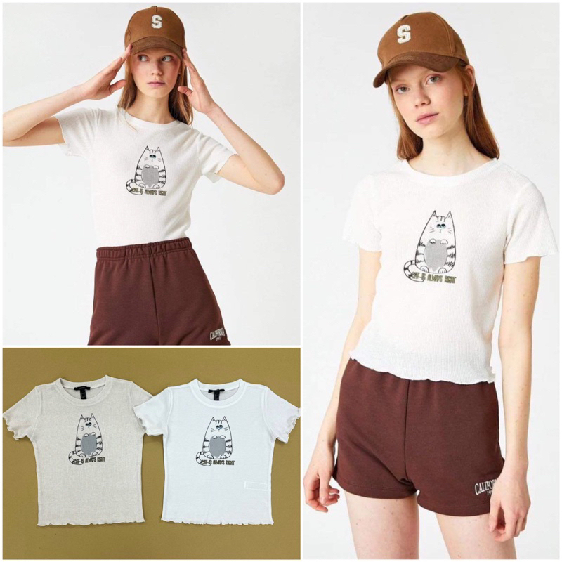 Áo croptop, baby tee cổ tròn xoăn lai thun tổ ong in con mèo