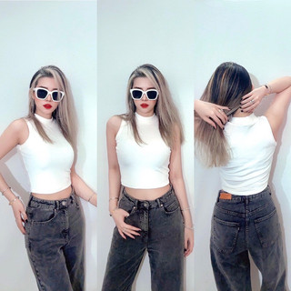 Áo croptop sát nách cổ lọ thun nhung trắng