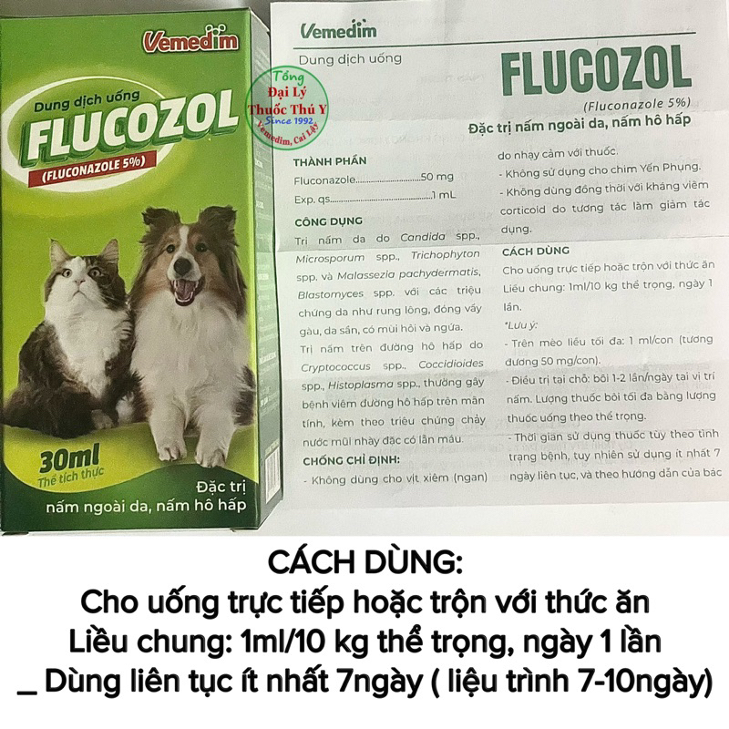 FLUCOZOL dạng uống sạch Nấm ngoài da, nấm hô hấp chó mèo