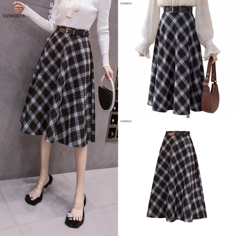 CVXK0076 Chân váy dạ kẻ xoè a kèm belt qccc