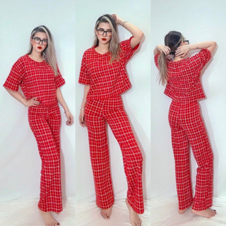 Set bộ áo cánh dơi rộng và quần ống suông thun da cá sọc caro đỏ cho mùa giáng sinh