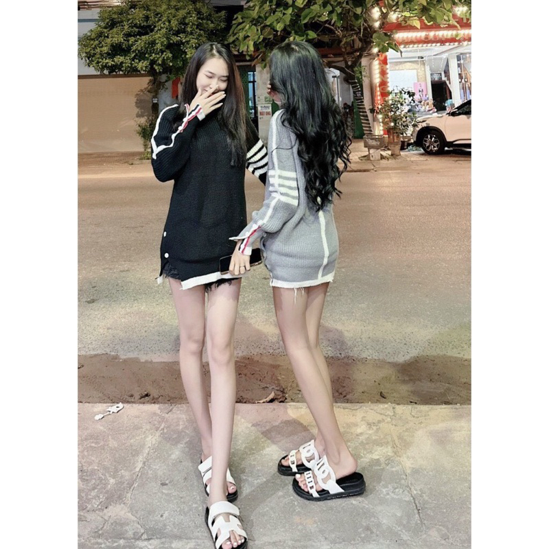 Áo Len Thom Cổ tròn phối 3 sọc kẻ ngang Hàng Qc chất len dày dặn hot hit thu đông