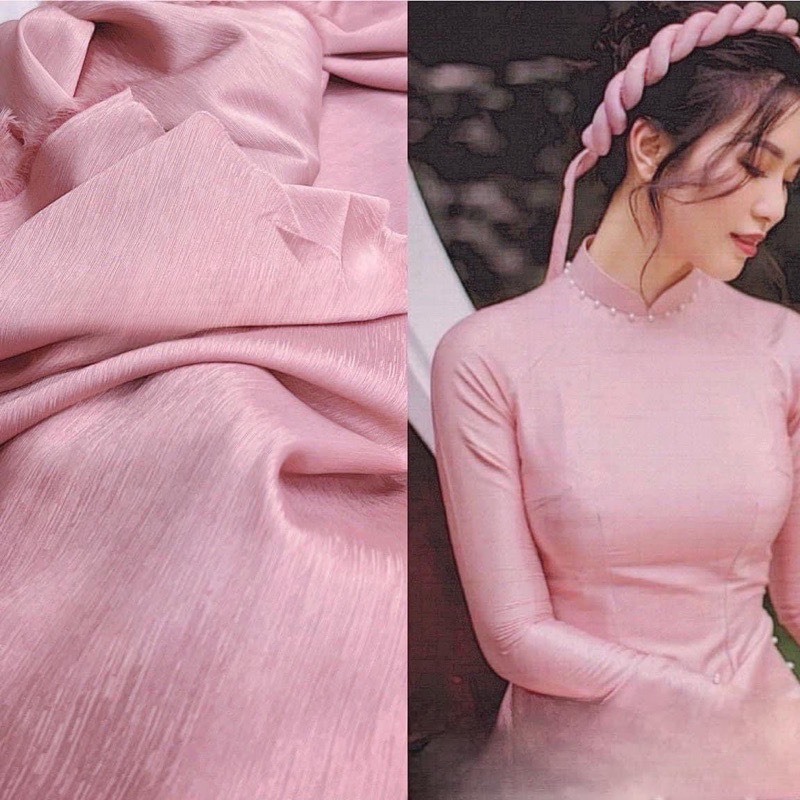 Aó dài lụa vân gỗ hai màu hồng,xanh hai tà  áo dài cưới hot trend 2023