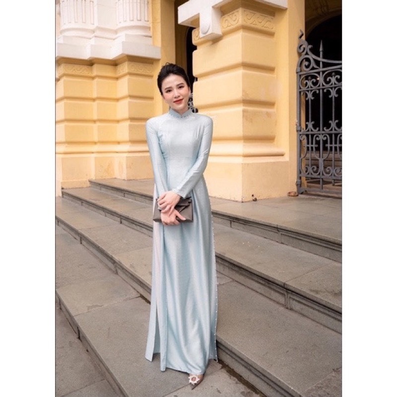Aó dài lụa vân gỗ hai màu hồng,xanh hai tà  áo dài cưới hot trend 2023