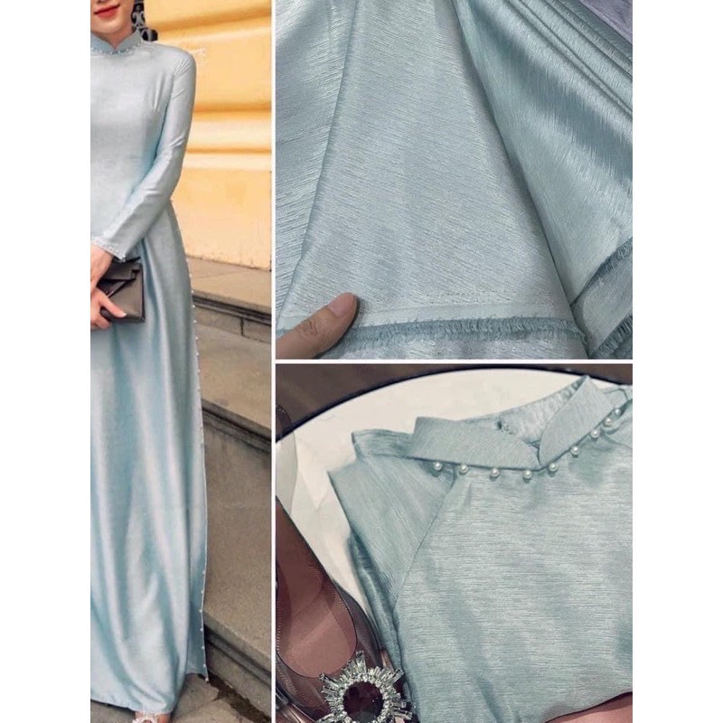 Aó dài lụa vân gỗ hai màu hồng,xanh hai tà  áo dài cưới hot trend 2023