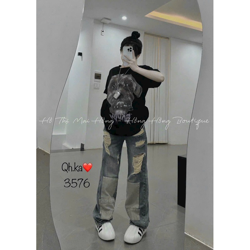 QUẦN DENIM ỐNG SUÔNG RÁCH VÁ GỐI THỜI TRANG